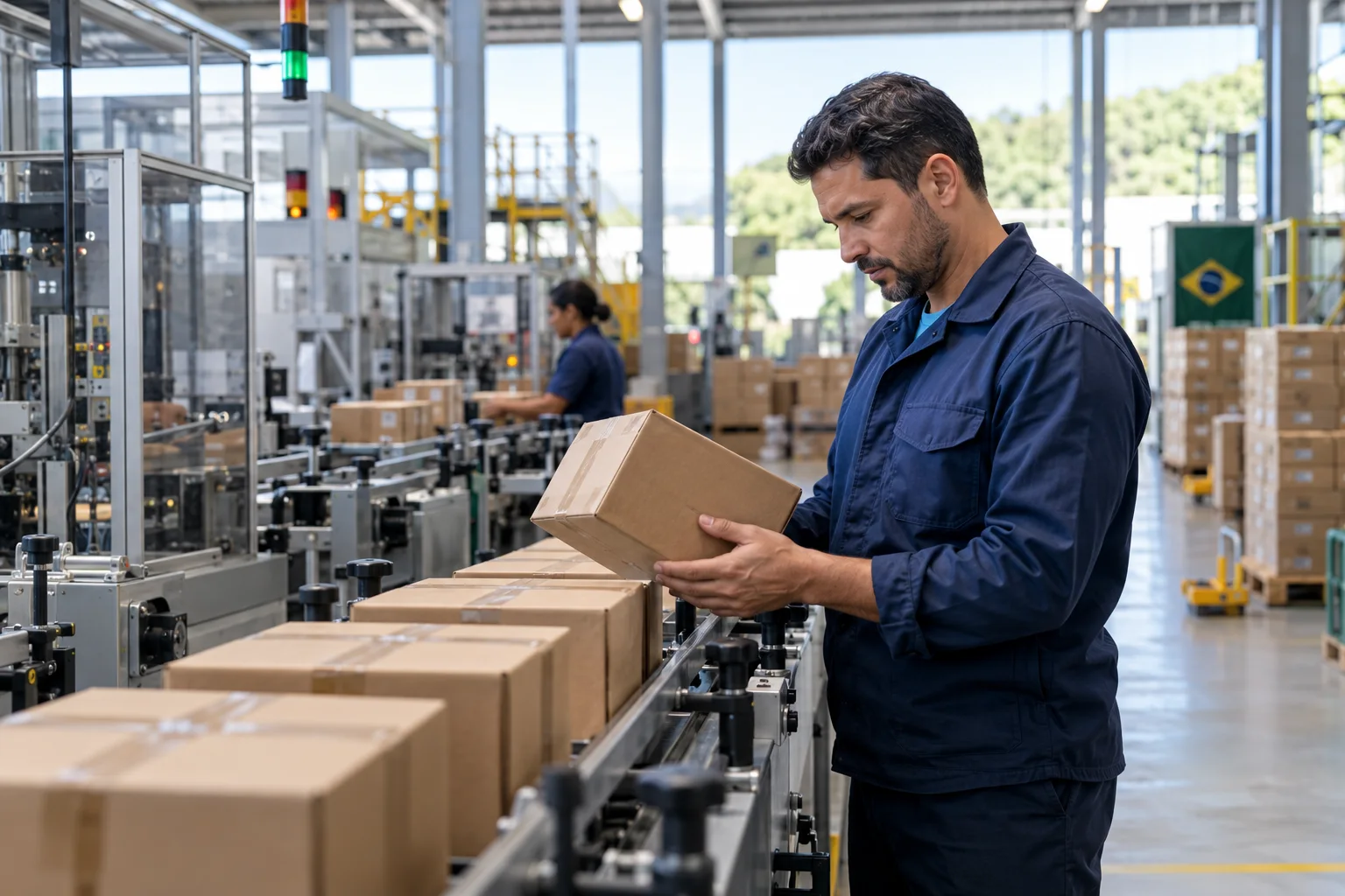Cena ilustrativa de produção e conferência de mercadorias na indústria